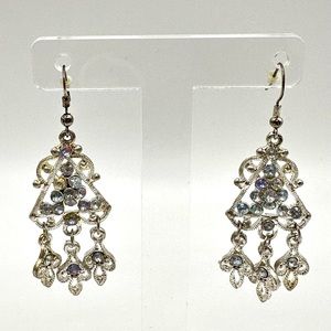 Silver Tone Chandelier Earrings with White and Light Blue Rhinestones